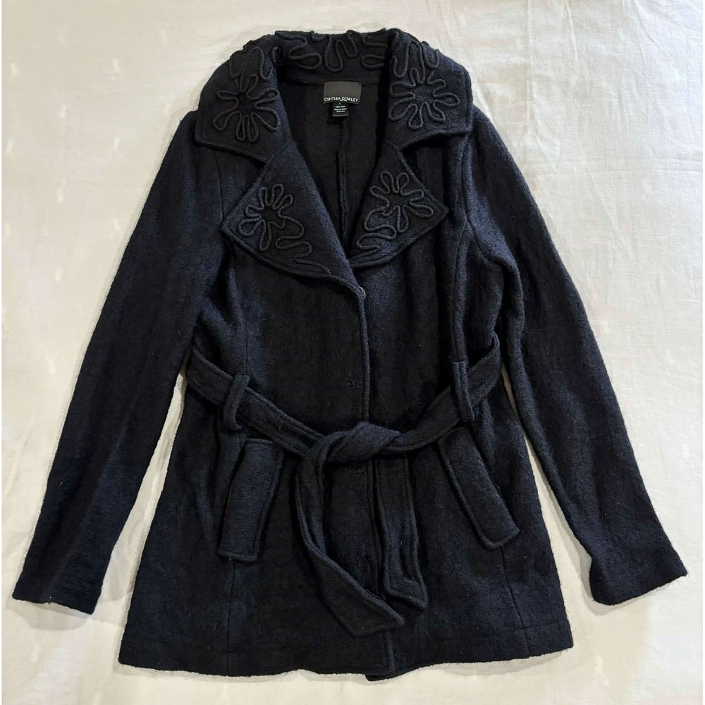 Cynthia Rowley Womens Black 100% Wool Soutache Embroidered Belted Wrap Coat L